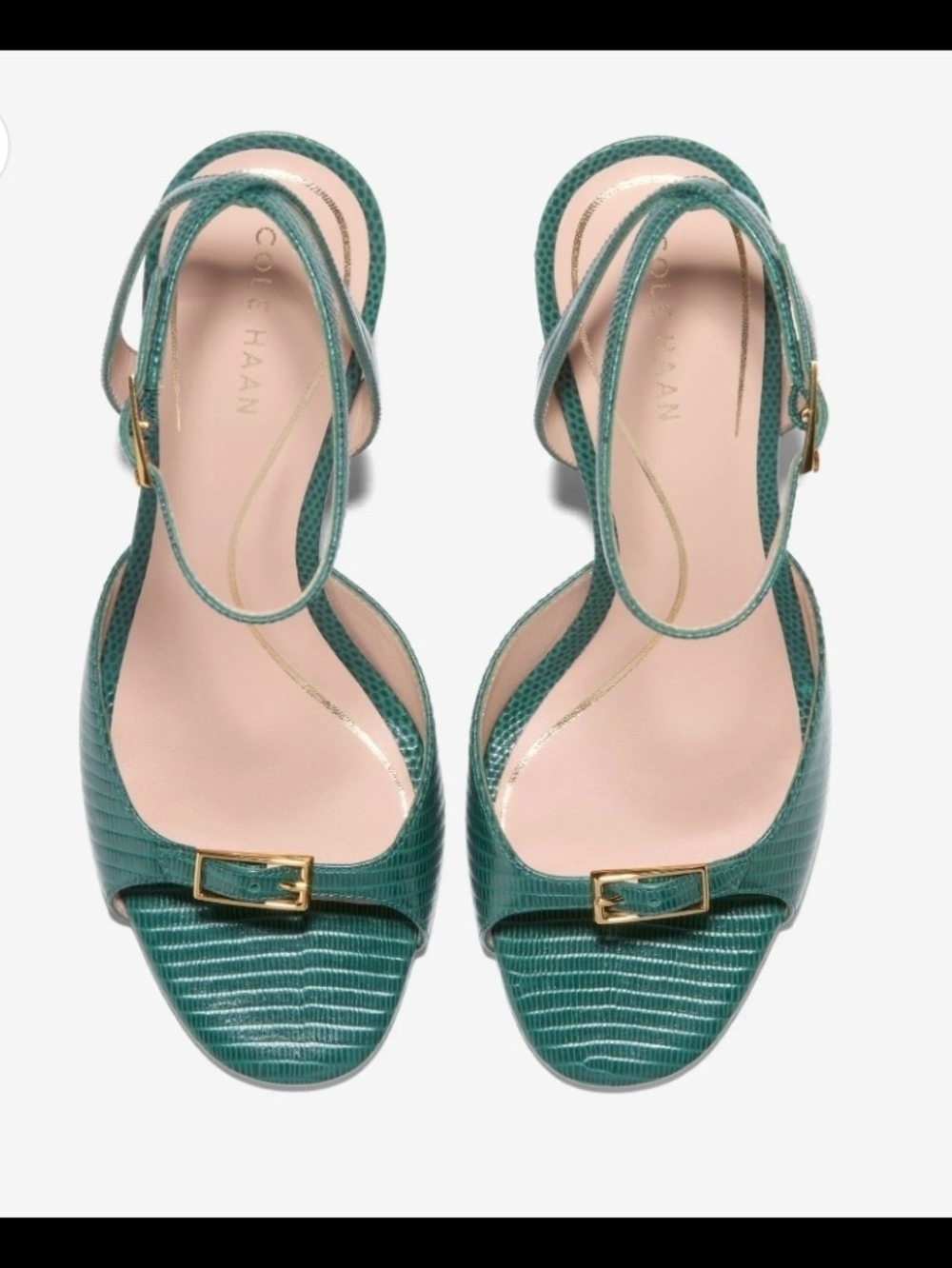 Cole Haan Teal Lizard-Embossed Slingback Heels with Gold Buckles
